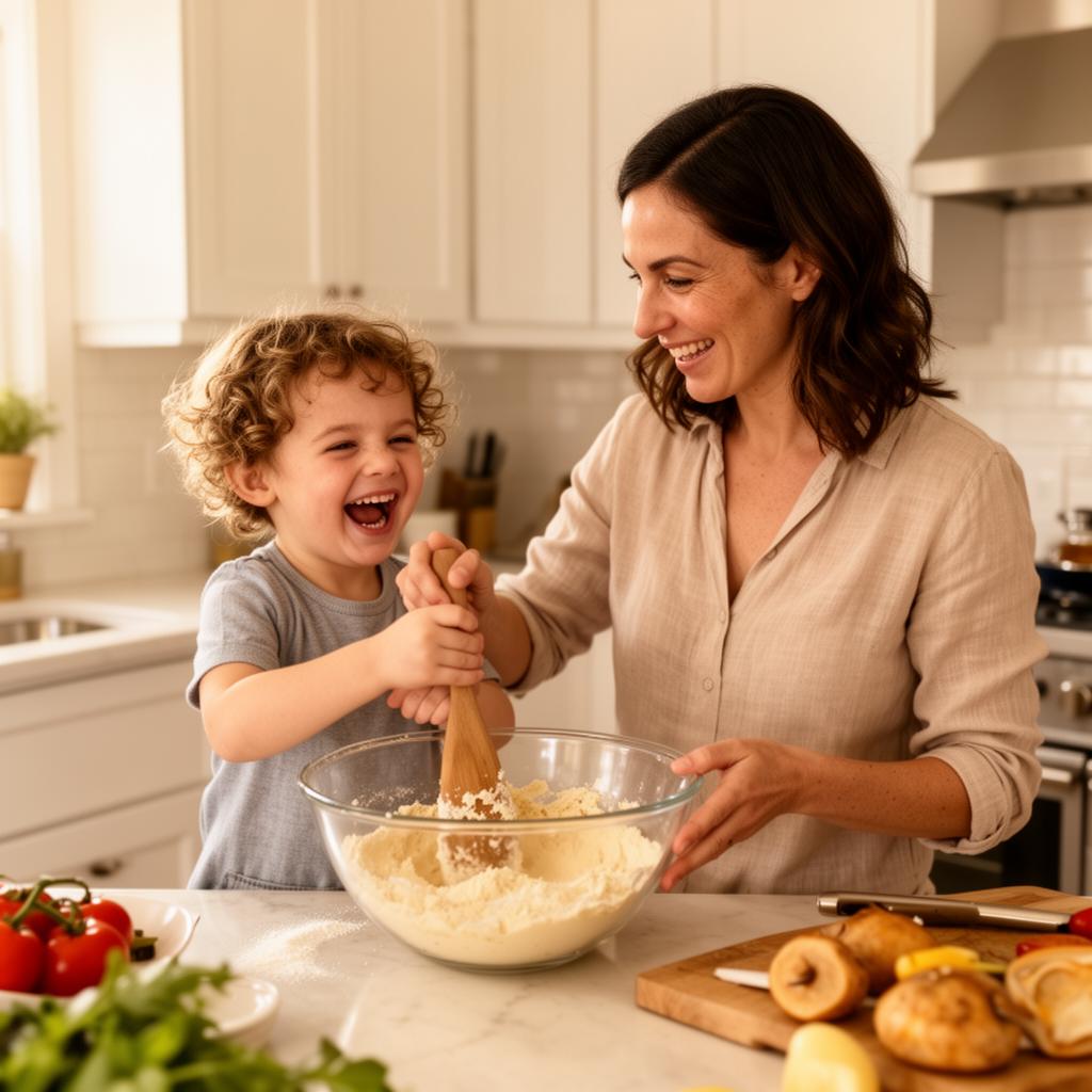 Mãe e filho cozinhando juntos rindo