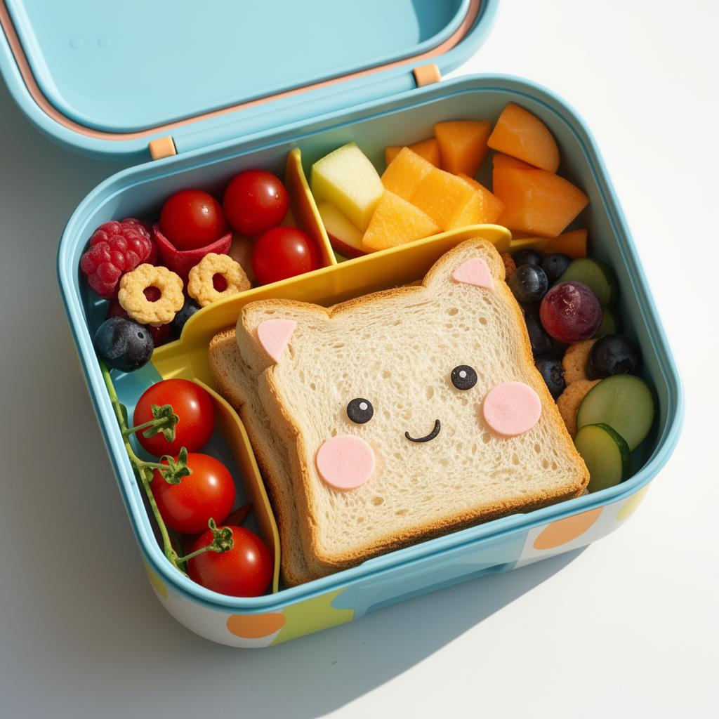 Lancheira infantil colorida com frutas e sanduíche