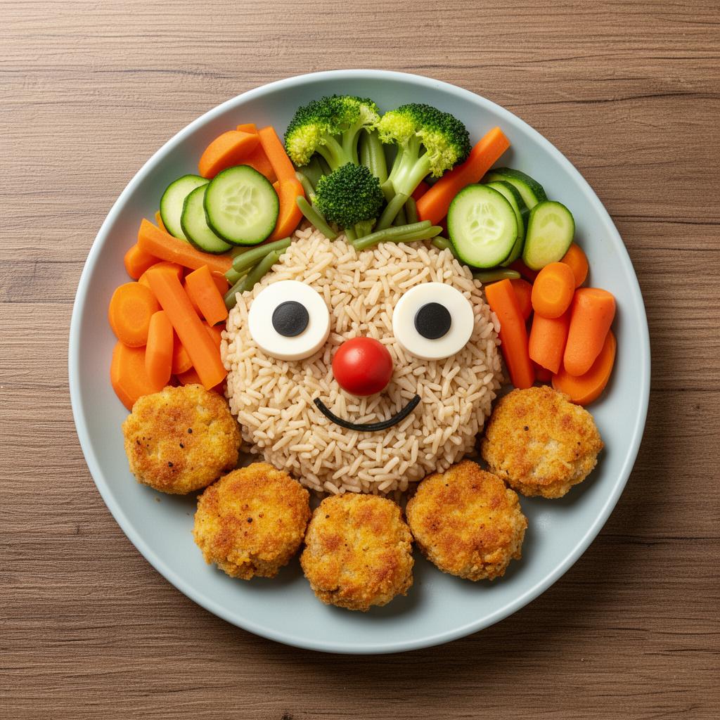Prato divertido com legumes e nuggets em formato de rostinho